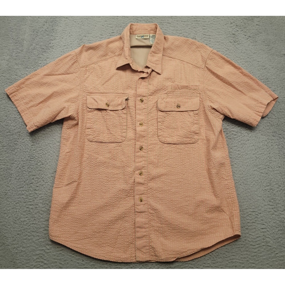 TravelSmith Mens L Short Sleeve Button Down Shirt Fishing Camp Peach Stripe‎
